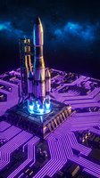 Rocket ship launching from glowing circuit board with neon purple and blue lighting effects against starry night sky, representing technology innovation and space exploration for futuristic business concepts.