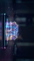 Glowing holographic Bitcoin symbol emerging from smartphone screen with digital particles and light effects for cryptocurrency trading apps and fintech presentations.