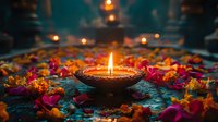 Lit oil lamp surrounded by colorful flower petals and decorative rangoli patterns on dark surface, creating festive spiritual ambiance for celebrations and religious ceremonies.