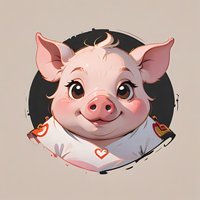 Adorable pink pig character with expressive eyes and heart pendant necklace in circular frame against neutral background. Stylized cartoon mascot design.