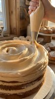 Pastry chef decorating layered cake with creamy frosting using piping bag in rustic bakery kitchen setting.
