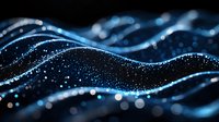 Glowing blue waves of light particles flow in dark space creating dynamic motion effect with sparkles and bokeh for technology and science backgrounds.
