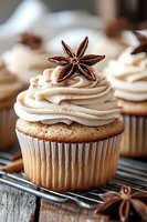 Vanilla cupcake with creamy frosting swirl topped with star anise and cinnamon spice on rustic wooden surface, macro food photography with selective focus.