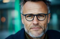 Professional middle-aged Caucasian businessman with glasses and beard in modern office environment for corporate headshot and business portrait.