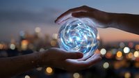 Young adult with dark skin tone holding glowing digital sphere against blurred cityscape at dusk. Represents innovation, technology, global connectivity, and future vision for business concepts.