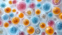 Colorful microscopic cells in pink, blue, and orange tones on white background showing scientific research, biology, or medical concept. Macro photography.