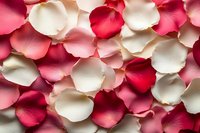 Delicate rose petals in shades of red, pink, and white create romantic floral background pattern. Natural texture of scattered fresh flower petals for wedding design.