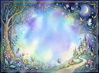 Watercolor fairy tale frame with enchanted castle, fairies, mushrooms, moon, and stars on a magical night sky background with copy space.