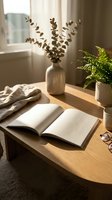 Cozy reading corner with open book on wooden table, eucalyptus branches in ceramic vase, fern plant and warm natural sunlight streaming through window.