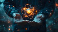 Glowing atomic particle orbits float above outstretched hands against dark background, orange energy spheres and particles creating magical science atmosphere.