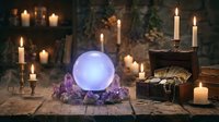 Mystical fortune teller setup with glowing crystal ball, amethyst crystals, burning candles, and ancient books creating magical atmosphere for divination.