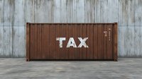Brown shipping container with white TAX text on concrete background, highlighting financial and business concepts for commercial use.