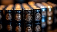 Luxury perfume bottles with ornate black and gold designs arranged in row creating elegant bokeh effect and reflections. For cosmetics and fragrance marketing.