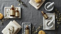 Overhead view of apothecary bottles, mortar and pestle sets, dried herbs, and natural ingredients arranged on gray surface for wellness and herbal remedy product promotion.