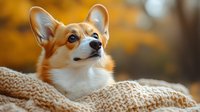 Adorable Pembroke Welsh Corgi puppy wrapped in knitted beige blanket against blurred autumn background with golden bokeh lights and fall foliage.