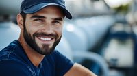 Smiling bearded mechanic in cap and uniform at auto repair shop garage with cars in background for automotive service industry marketing.