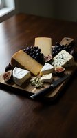 Artisanal cheese board featuring aged cheddar, creamy brie, blue cheese, fresh figs, black grapes, and nuts on wooden serving platter for entertaining.
