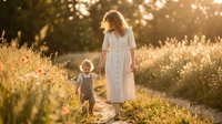 Young Caucasian mother in white dress walks hand in hand with toddler son through golden sunlit wildflower meadow path in warm summer light.