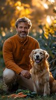 Mature Caucasian man with gray hair and beard wearing orange shirt poses with golden retriever dog in garden at sunset. Fresh carrots lay on ground creating warm autumn scene.