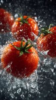 Fresh red tomatoes with green stems splashing in clear water against dark background, dynamic food photography with water drops and motion capture.