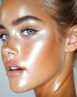 Close up portrait showcasing glowing bronzed skin, natural freckles, and luminous makeup with dewy highlighter effect. Professional beauty and cosmetics photography.