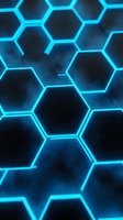 Glowing cyan neon hexagons on dark background create futuristic geometric pattern. Use for tech, science, innovation, and digital design projects.