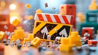 Construction site warning sign with scattered building blocks and sparkles in warm lighting, creating playful miniature scene with depth of field effect and bokeh background.