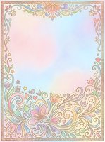 Pastel floral border frame with swirls, hearts, stars, and birds on soft watercolor background, perfect for greeting cards and stationery.