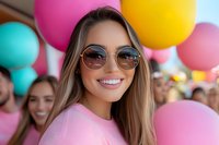 Young Caucasian woman with bright smile wearing sunglasses at festive event with colorful balloons background. Cheerful expression and positive atmosphere.