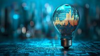 Glowing light bulb with financial chart inside on digital circuit background in blue tones, representing innovative business solutions and market analysis.