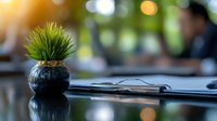 Small decorative plant in round pot on office desk with blurred background, creating calm workspace atmosphere for productivity and wellness.
