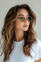 Young Asian woman with wavy brown hair wearing sunglasses and white t-shirt against light background. Natural makeup and modern casual style portrait.