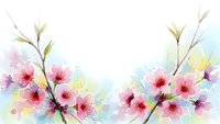 Watercolor cherry blossom branches with pink flowers and soft pastel splashes on white background for spring designs and botanical artwork.