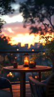 Cozy balcony setting at sunset with glowing lantern and potted plants on wooden table, city silhouette and bokeh lights in background creating romantic atmosphere.