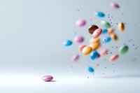 Colorful pills and medications floating in air against light background, dynamic pharmaceutical composition with motion blur effect and soft shadows.