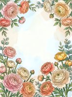 Elegant ranunculus flower frame with soft pastel blooms and eucalyptus leaves creating decorative border on light background for wedding invitations.