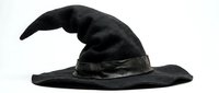 Black wizard hat with curved pointed tip and wide brim isolated on white background for Halloween costume design and magical themed projects.