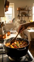 Hand stirring hot vegetable stew in cast iron pot on stove with steam rising in cozy rustic kitchen with copper cookware and wooden utensils on shelves.