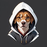 Stylized beagle dog character wearing white and black hoodie on dark background, anthropomorphic animal portrait with expressive eyes and detailed fur texture.