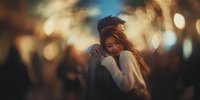 Young couple embracing tenderly in warm evening light with romantic bokeh background creating intimate atmosphere for love and relationship concepts.