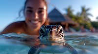 Sea turtle and young Asian woman swimming together in tropical waters, split underwater view showing turtle's head emerging while woman smiles in background. Palm trees visible.