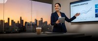 Professional businesswoman presenting financial growth chart in modern office with city skyline view during sunset for corporate meetings.