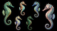 Six colorful seahorses isolated on transparent background, ready for stickers, t-shirt design, print on demand, sublimation, and clipart use.