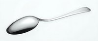 Silver metal spoon isolated on white background for kitchen utensil design projects and culinary graphics.