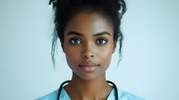 Young African American woman healthcare worker in blue medical scrubs with natural hair updo and minimal makeup against light background, professional portrait.