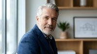 Mature man with gray hair and beard wearing dark blue sweater, looking over shoulder in modern home office with wooden shelves and plant behind him.