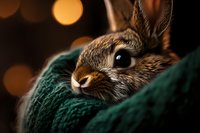 Adorable baby rabbit wrapped in cozy green knit blanket with warm bokeh lights creating magical atmosphere for holiday greeting cards and comfort themes.