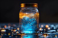 Magical glass mason jar with water droplets capturing sunset sky reflection, creating ethereal atmosphere perfect for spiritual, wellness, or meditation concepts.