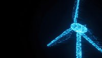 Digital wireframe wind turbine with glowing blue energy lines on dark background for renewable energy and technology concepts.