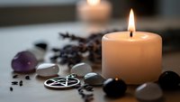 Burning candle with healing crystals, pentagram symbol and dried herbs for spiritual meditation, witchcraft rituals and alternative therapy practices.